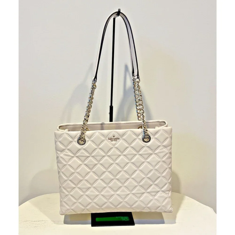Kate Spade Carey Quilted Leather Large Tote Bag Chain Shoulder In Parchment